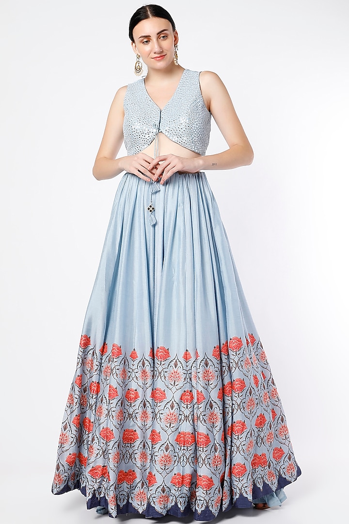 Powder Blue Floral Printed Flowy Skirt Set by Basil Leaf