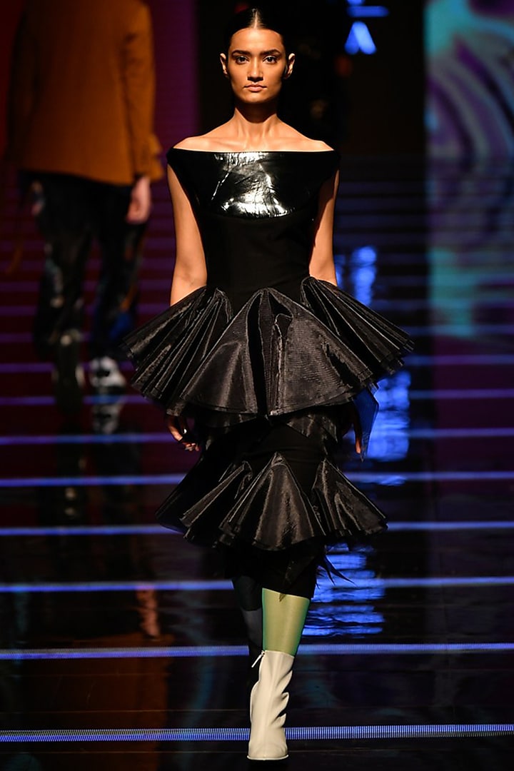 Black Off Shoulder Ruffled Dress by BLONI