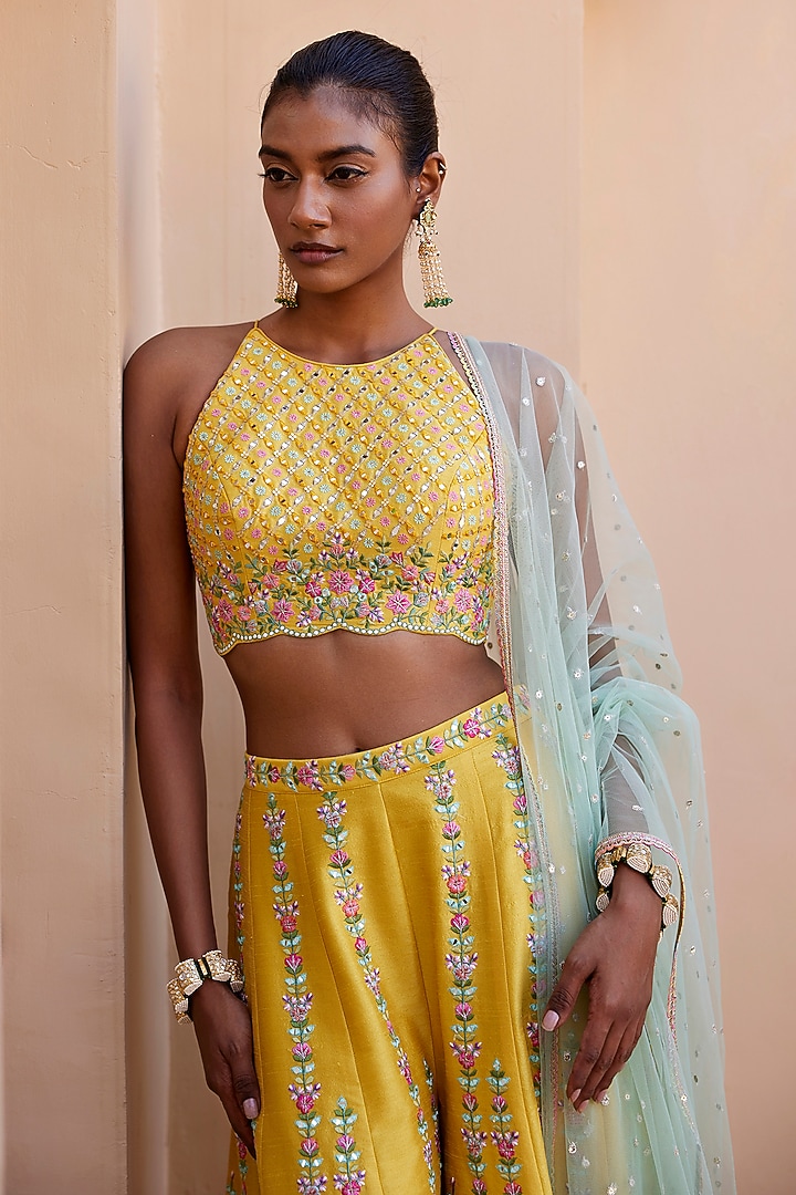 Yellow Dupion Silk Mirror & Resham Embroidered Pant Set by Chamee and Palak at Pernia's Pop Up Shop