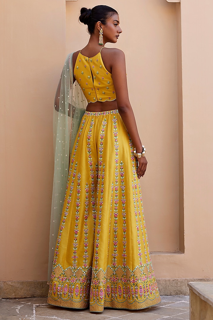 Yellow Dupion Silk Mirror & Resham Embroidered Pant Set by Chamee and Palak at Pernia's Pop Up Shop