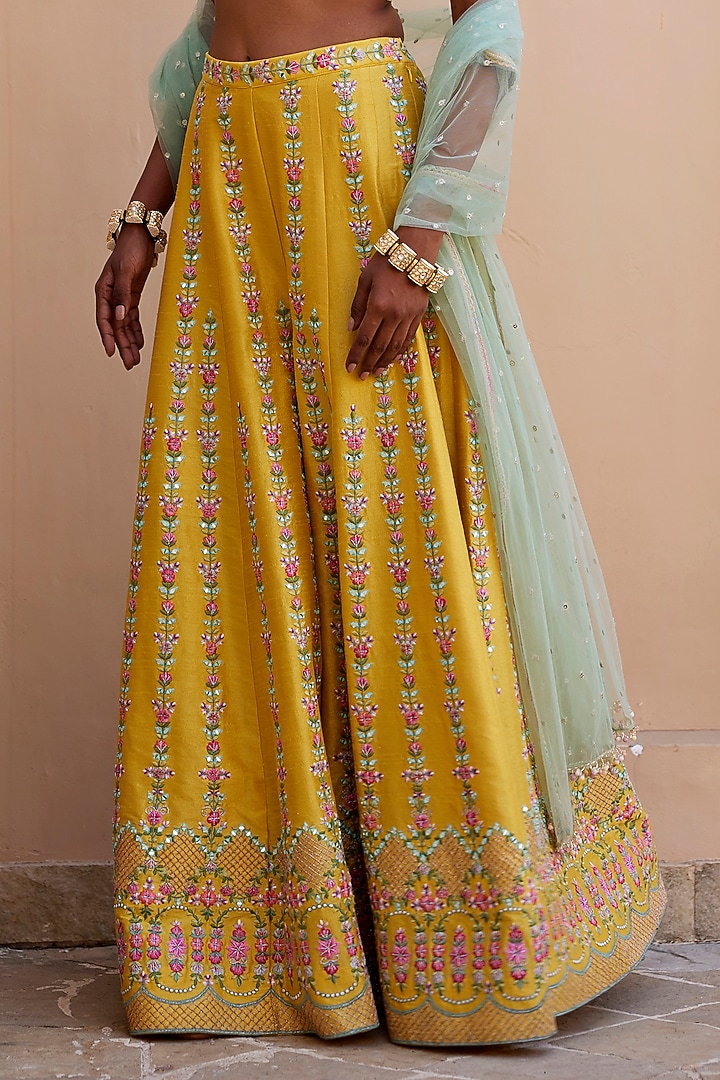 Yellow Dupion Silk Mirror & Resham Embroidered Pant Set by Chamee and Palak at Pernia's Pop Up Shop