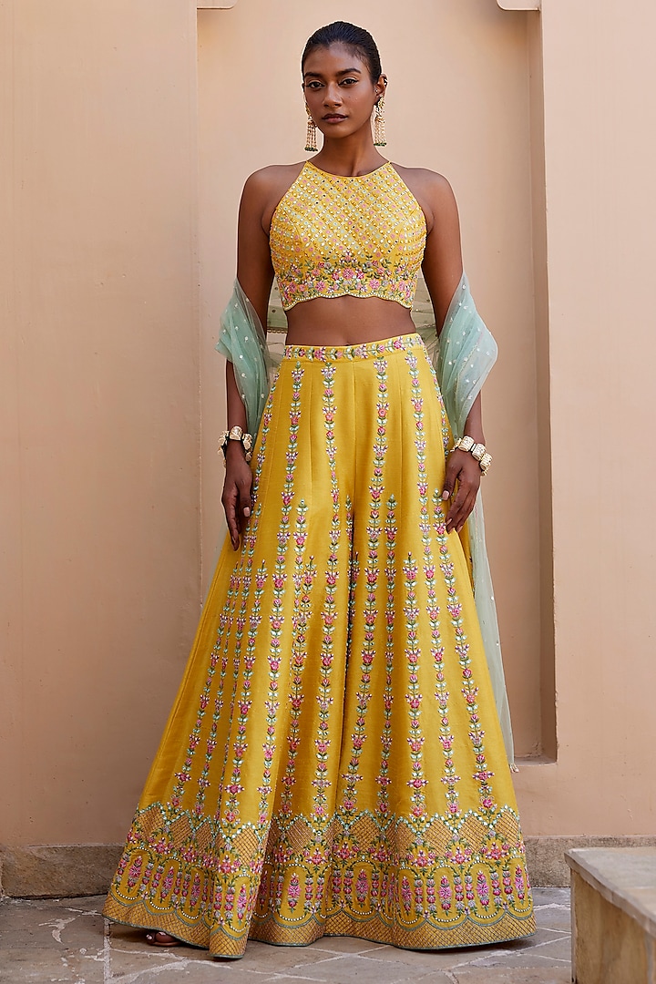 Yellow Dupion Silk Mirror & Resham Embroidered Pant Set by Chamee and Palak