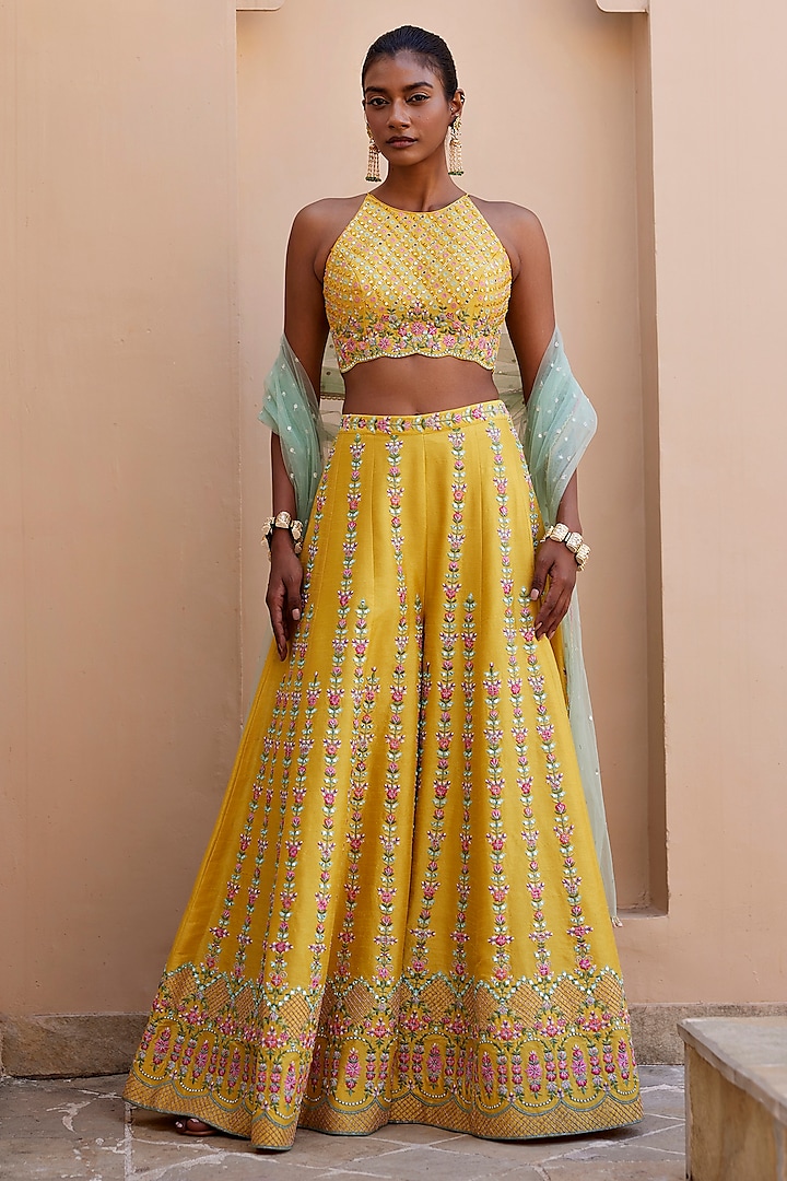 Yellow Dupion Silk Mirror & Resham Embroidered Pant Set by Chamee and Palak at Pernia's Pop Up Shop