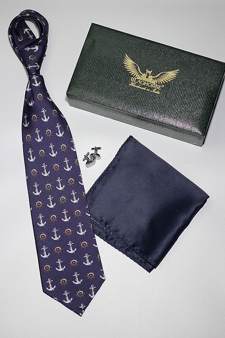 Navy Blue Madder Silk Spun Horse Sleigh Tie Set by Blaqhorse at Pernia's Pop Up Shop