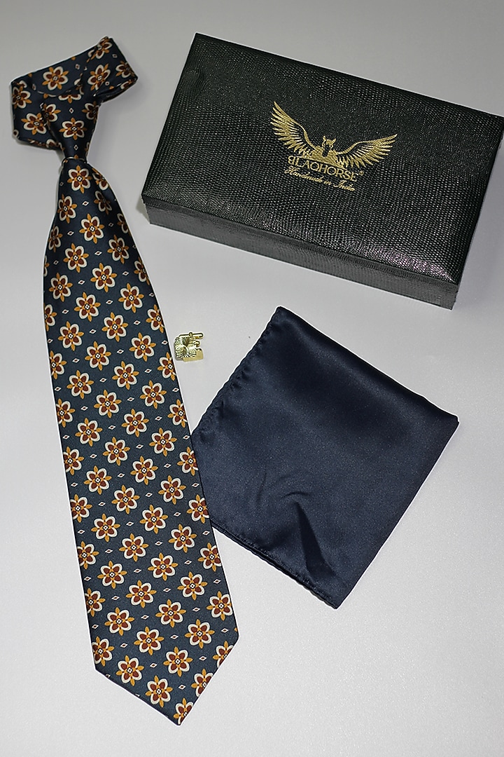 Peacock Blue Madder Silk Spun Floral Fantasy Tie Set by Blaqhorse at Pernia's Pop Up Shop