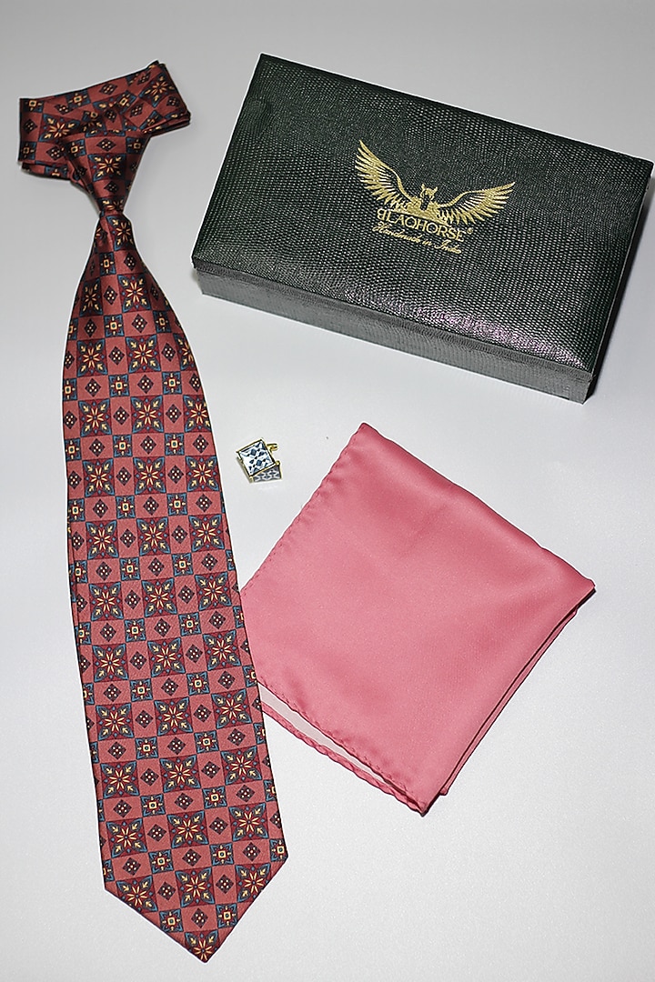 Salmon Pink Madder Silk Spun Diamond Floral Tie Set by Blaqhorse at Pernia's Pop Up Shop