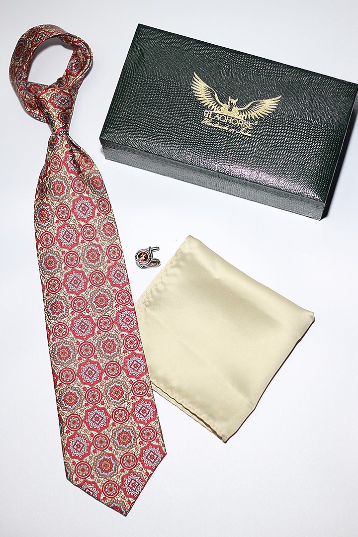 Beige & Dark Pink Madder Silk Spun Mandala Tie Set by Blaqhorse at Pernia's Pop Up Shop