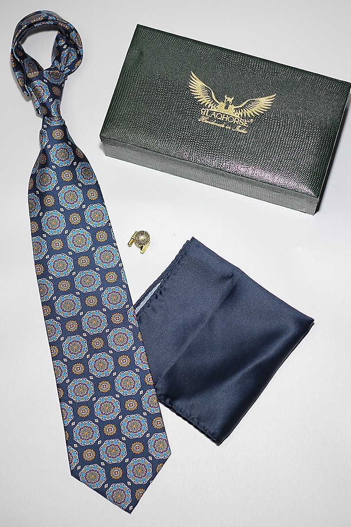 Peacock Blue Madder Silk Spun Octo Mandala Tie Set by Blaqhorse at Pernia's Pop Up Shop