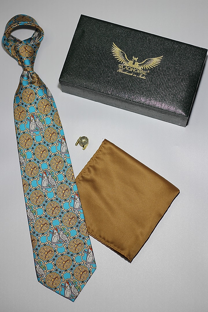 Aqua Blue & Yellow Madder Silk Spun Cockatoos Tie Set by Blaqhorse at Pernia's Pop Up Shop