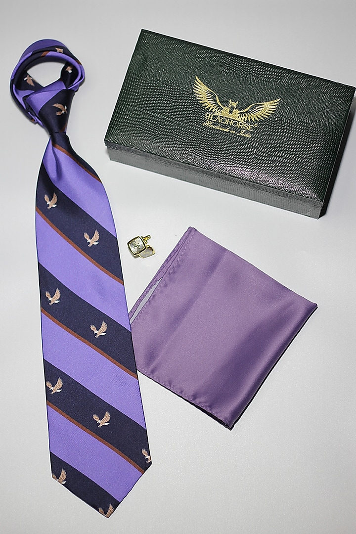 Lavender & Navy Madder Silk Spun Flying Eagle Tie Set by Blaqhorse at Pernia's Pop Up Shop