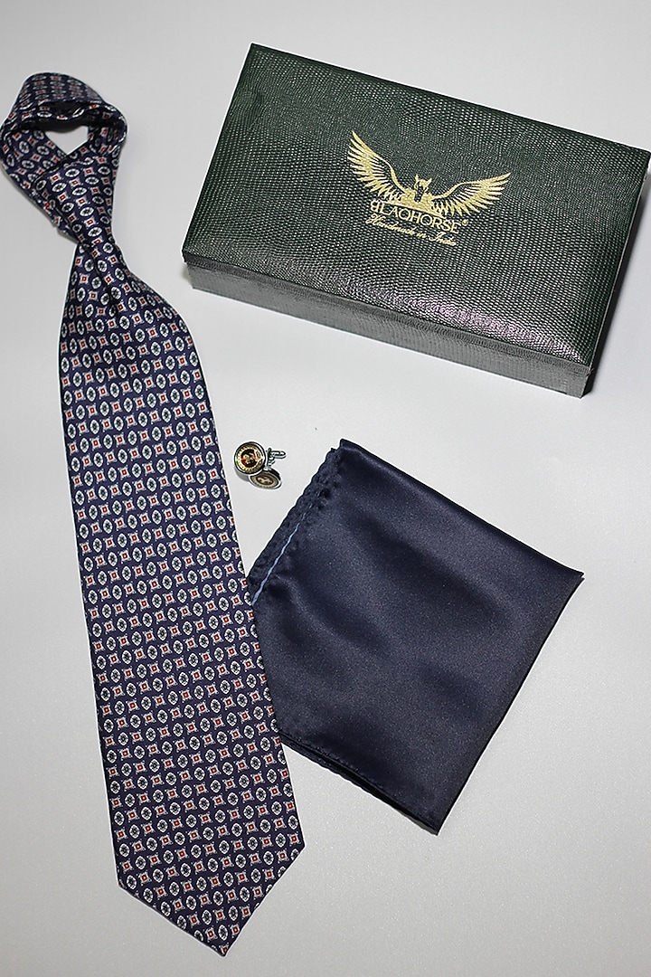 Navy Blue Madder Silk Spun Geometric Tie Set by Blaqhorse at Pernia's Pop Up Shop