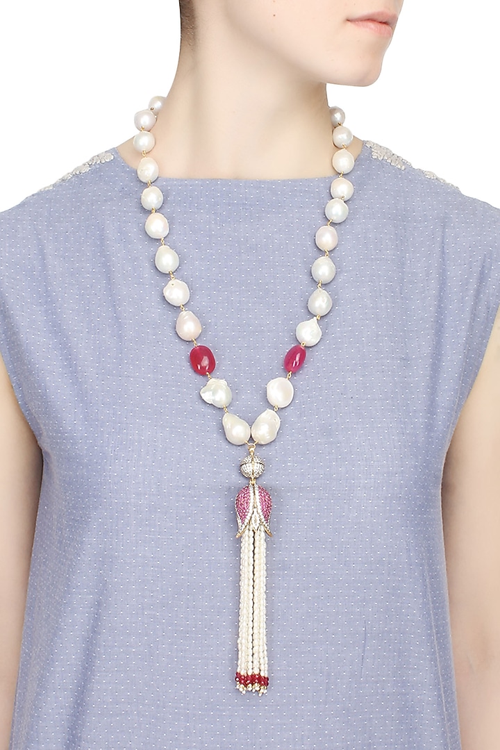 Baroque pearls and ruby semi-precious stones tulip string necklace available only at Pernia's Pop Up Shop.