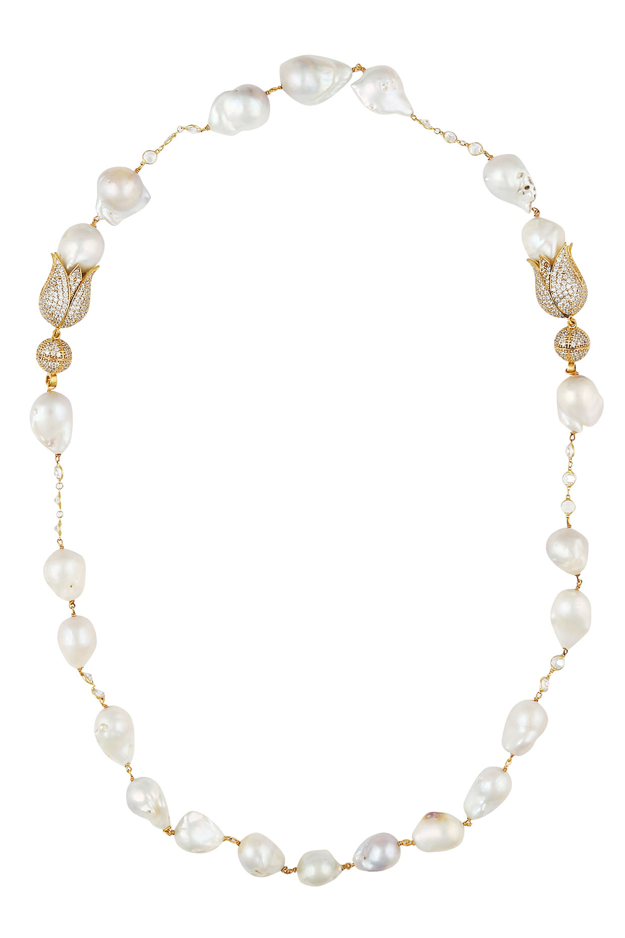 Baroque pearls and swarovski crystals two tulip string necklace available only at Pernia's Pop Up Shop.