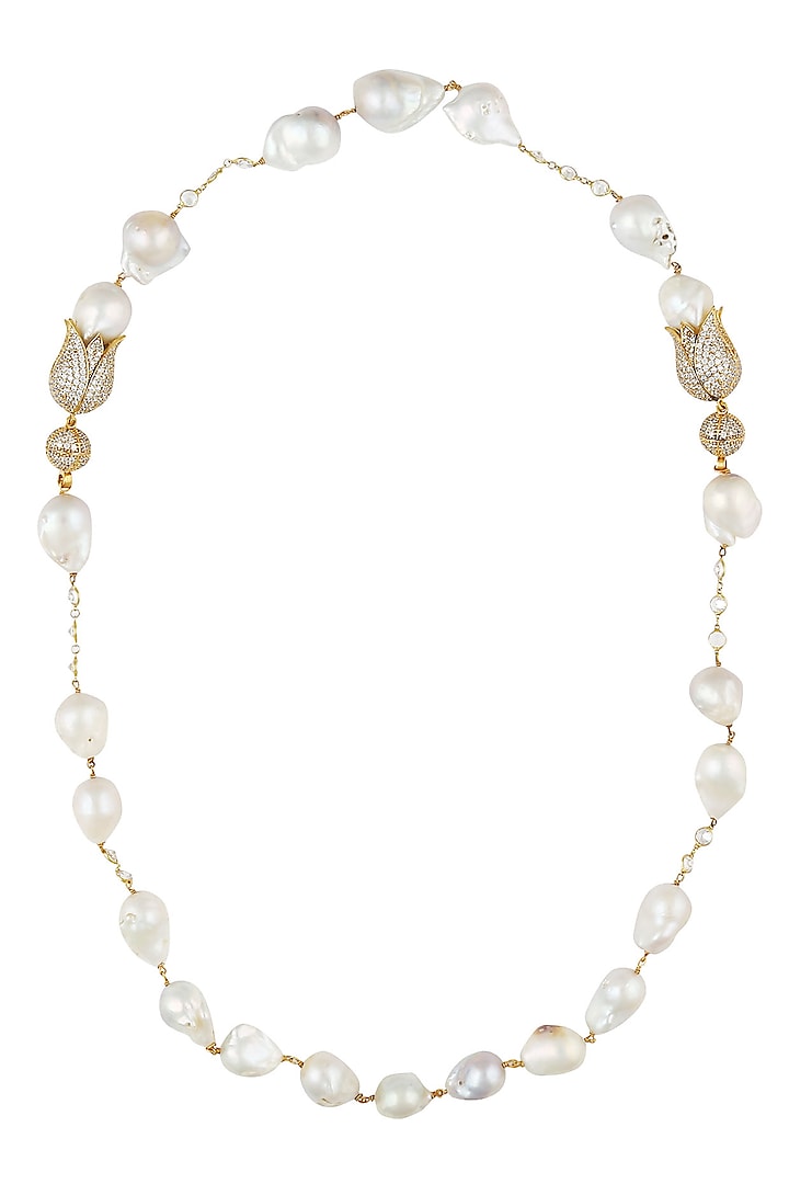 Baroque pearls and swarovski crystals two tulip string necklace by Blue Lotus By Ritu Kapur