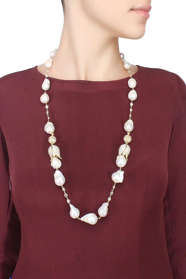 Baroque pearls and swarovski crystals two tulip string necklace available only at Pernia's Pop Up Shop.