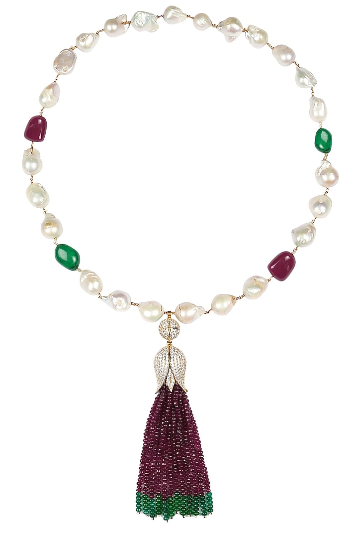 Baroque pearls and semi-precious stones tulip string necklace by Blue Lotus By Ritu Kapur