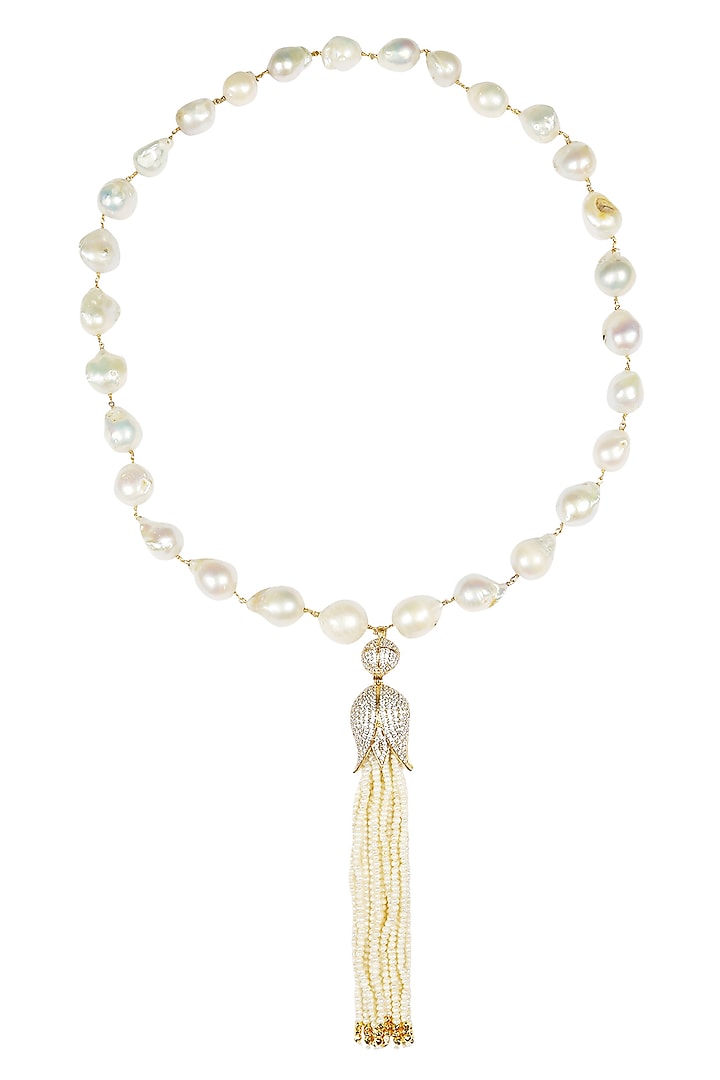 Baroque pearls with tulip and fresh water pearl tassles string necklace by Blue Lotus By Ritu Kapur
