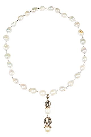 Baroque pearls and studded two tulips string necklace by Blue Lotus By Ritu Kapur