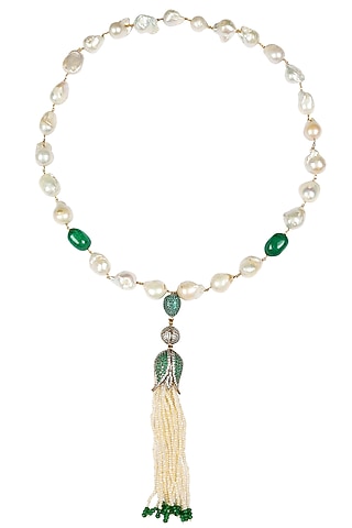 Baroque pearls and green semi-precious stones tulip string necklace by Blue Lotus By Ritu Kapur