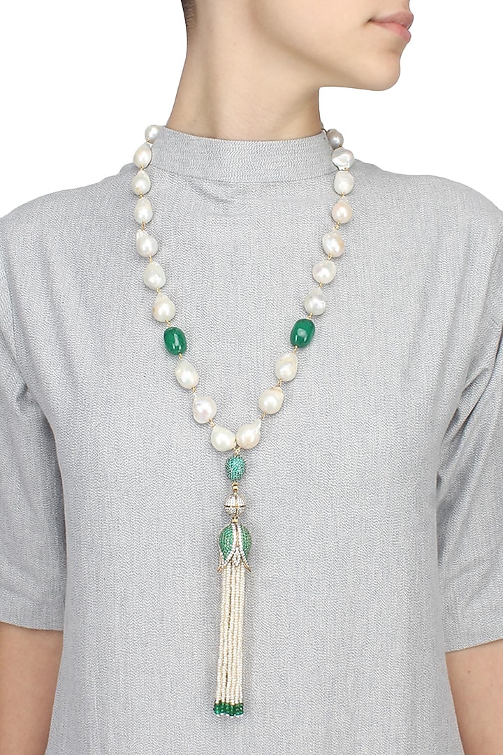 Baroque pearls and green semi-precious stones tulip string necklace available only at Pernia's Pop Up Shop.