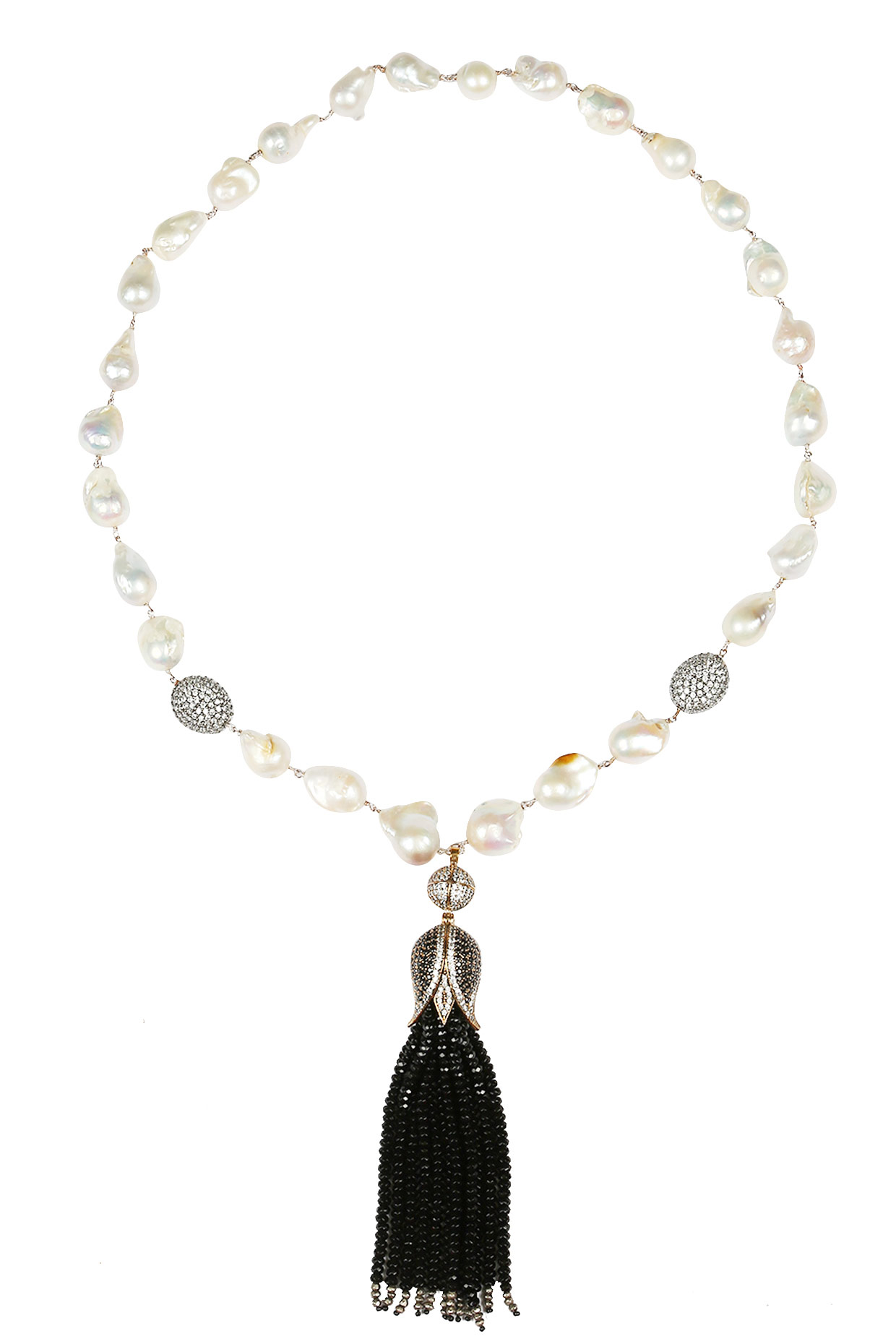 Baroque pearls and black semi-precious stones tulip string necklace by Blue Lotus By Ritu Kapur