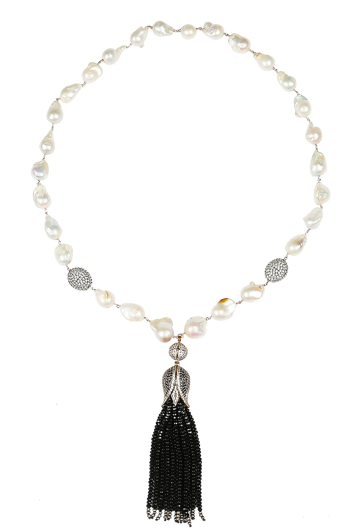 Baroque pearls and black semi-precious stones tulip string necklace by Blue Lotus By Ritu Kapur