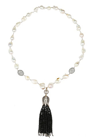 Baroque pearls and black semi-precious stones tulip string necklace by Blue Lotus By Ritu Kapur