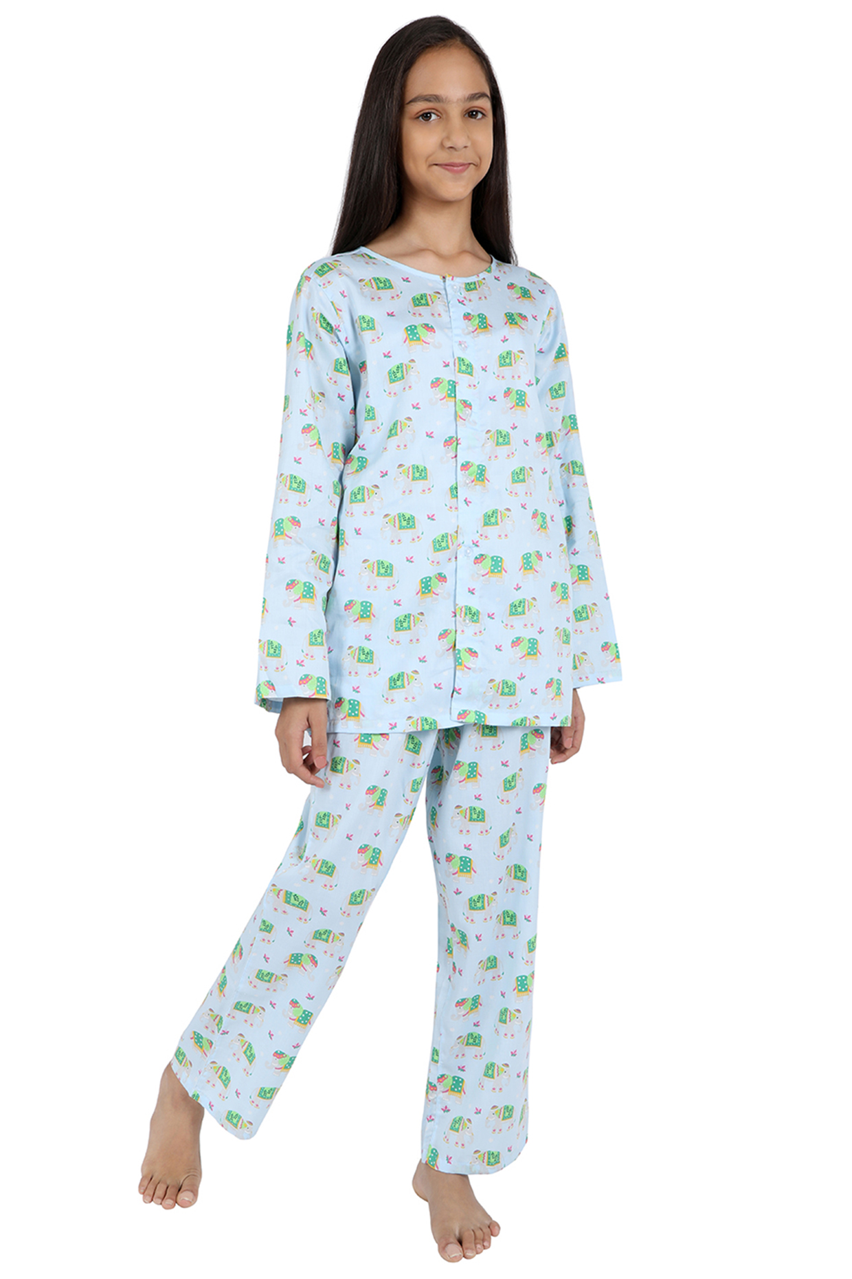 Sky Blue Printed Night Suit For Girls by Nigh Nigh label