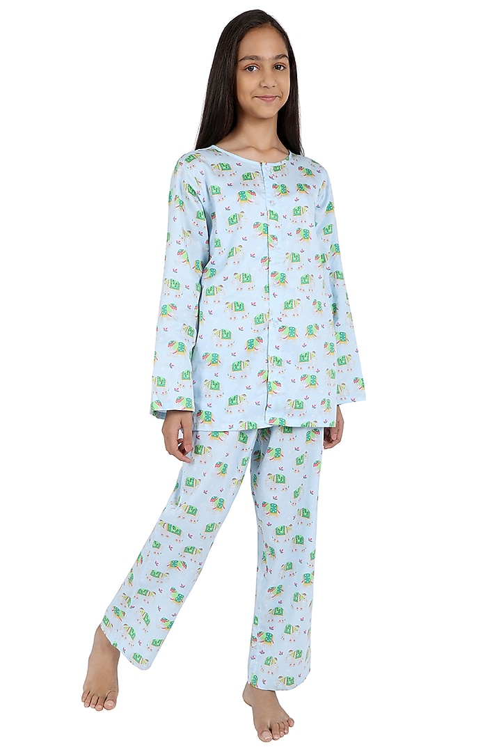 Sky Blue Printed Night Suit For Girls by Nigh Nigh label