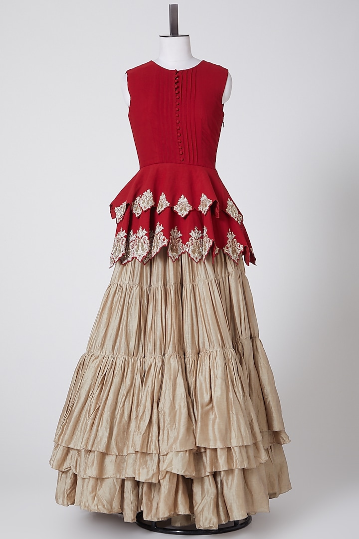 Beige Layered & Pleated Skirt by Bhumika Sharma