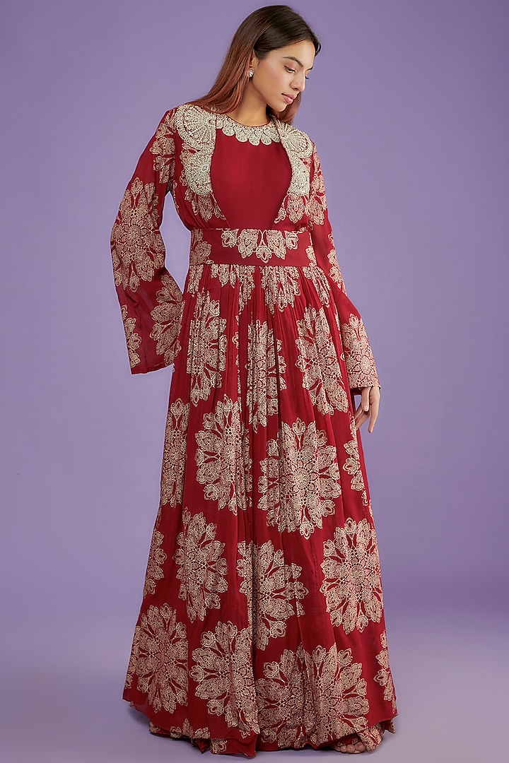 Red Georgette Printed & Embroidered Anarkali Set by Bhumika Sharma at Pernia's Pop Up Shop