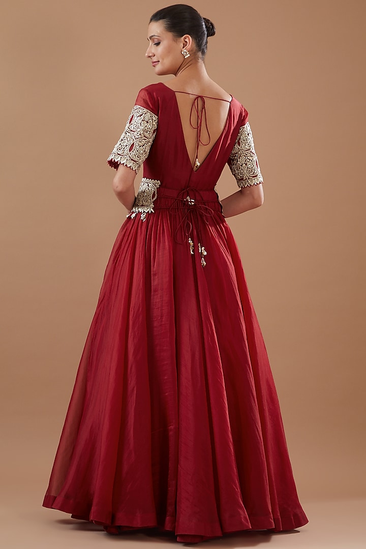 Red Organza Embroidered Gown