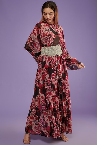 Black & Red Georgette Printed Kaftan Dress by Bhumika Sharma