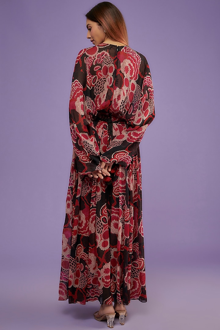Black & Red Georgette Printed Kaftan Dress by Bhumika Sharma at Pernia's Pop Up Shop