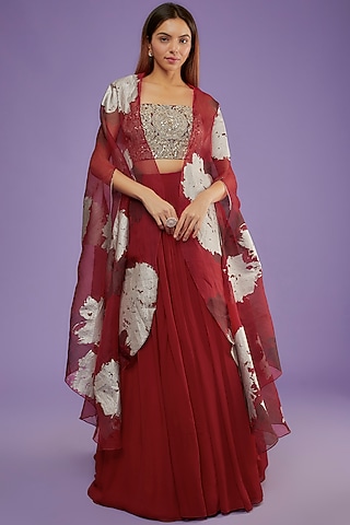 Red Organza Printed Cape Set by Bhumika Sharma