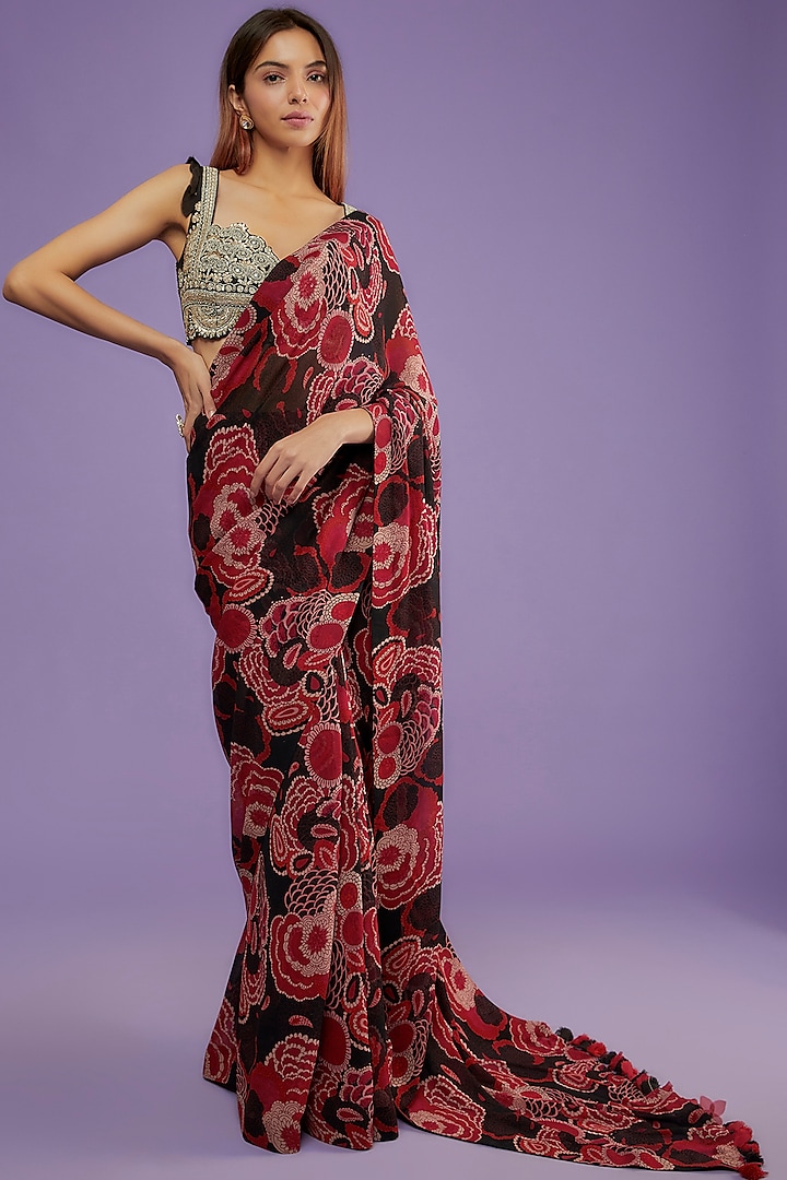 Red Georgette Printed Saree Set by Bhumika Sharma