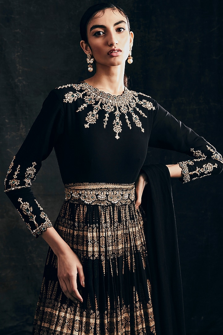 Black Printed Wedding Anarkali Set With Two Belts by Bhumika Sharma at Pernia's Pop Up Shop