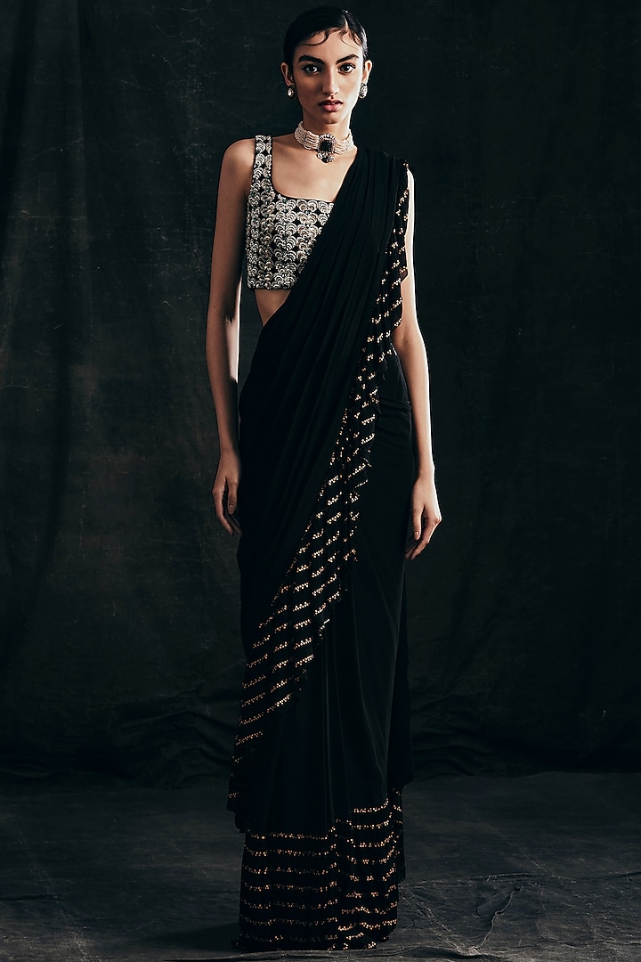 Black Embroidered Pre-Stitched Saree Set by Bhumika Sharma