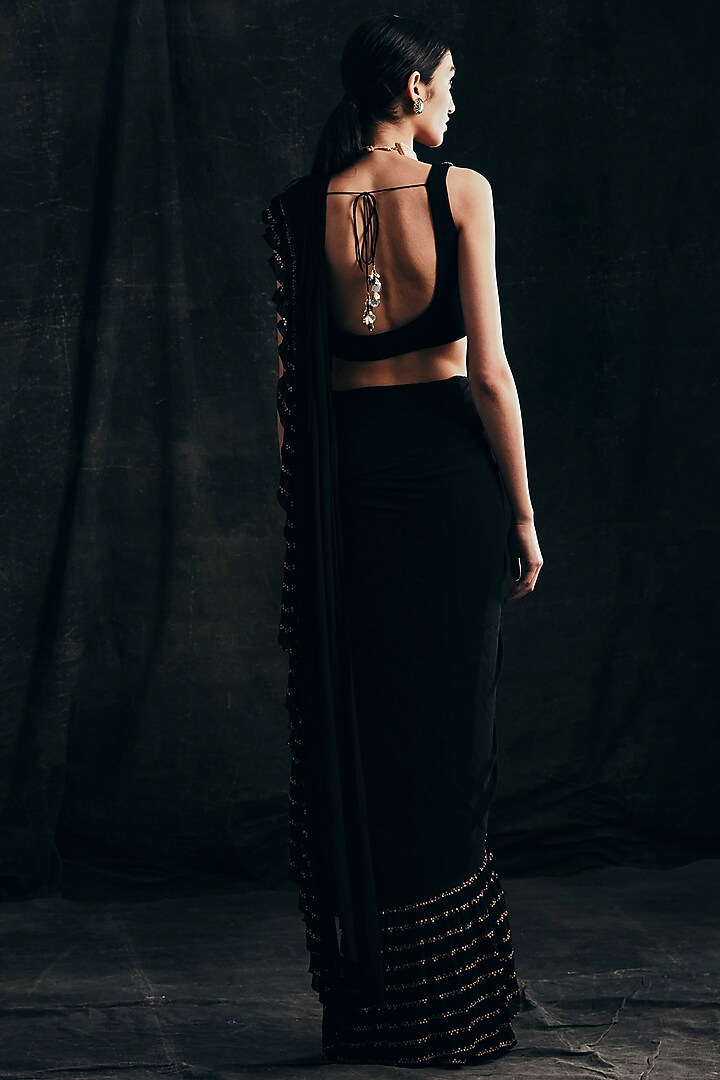 Black Embroidered Pre-Stitched Wedding Saree Set by Bhumika Sharma at Pernia's Pop Up Shop