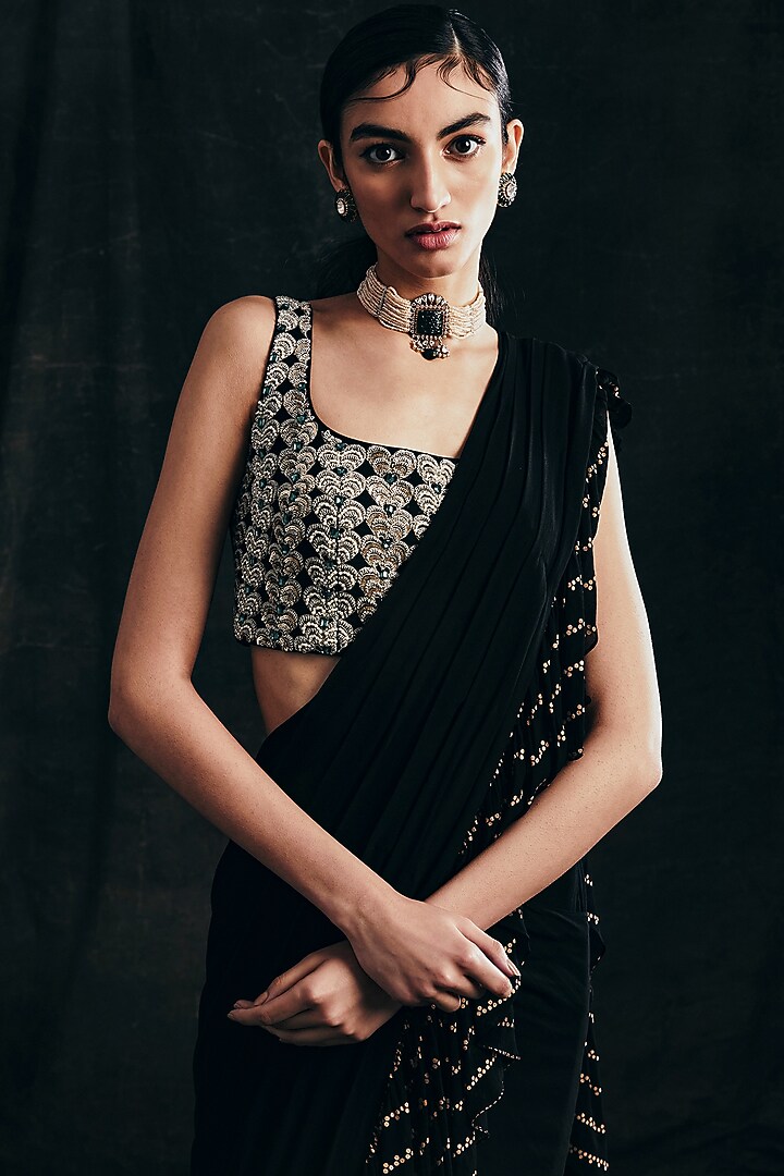 Black Embroidered Pre-Stitched Wedding Saree Set by Bhumika Sharma at Pernia's Pop Up Shop