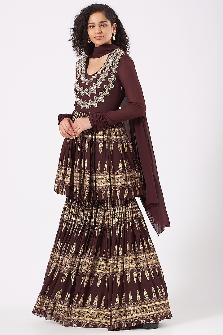 Burgundy Printed Sharara Set by Bhumika Sharma