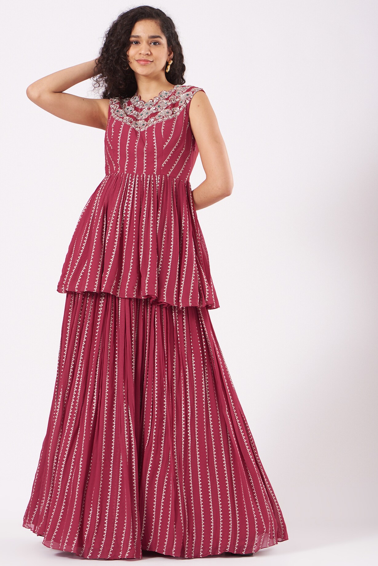 Burnt Red Printed & Embroidered Peplum Kurta Set Design by Bhumika