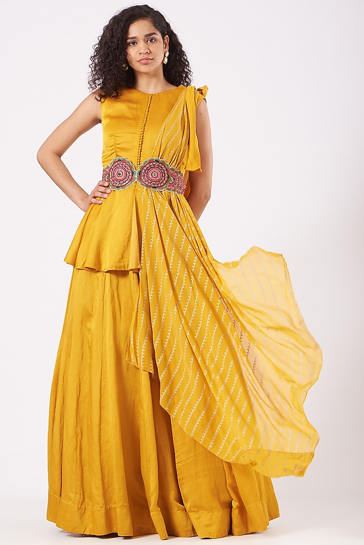 Mustard Linen Satin & Chanderi Silk Skirt Set by Bhumika Sharma