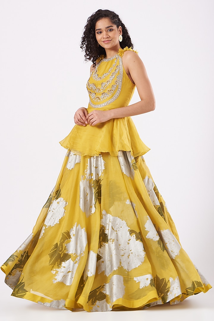 Light Mustard Printed Skirt Set by Bhumika Sharma at Pernia's Pop Up Shop