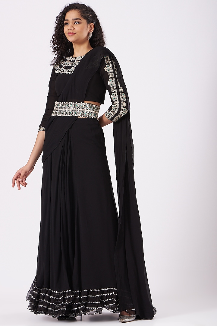 Black Georgette Pleated Saree Set by Bhumika Sharma