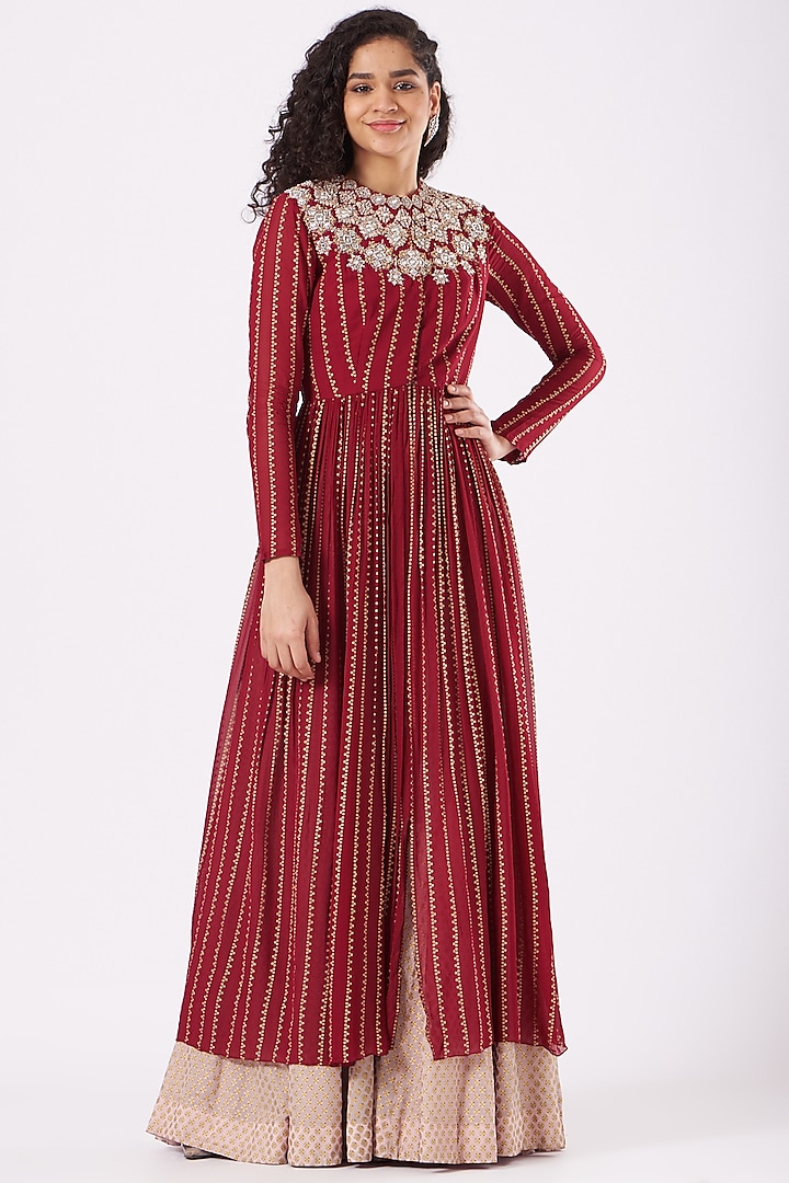 Burnt Red Printed & Embroidered Cape Set by Bhumika Sharma