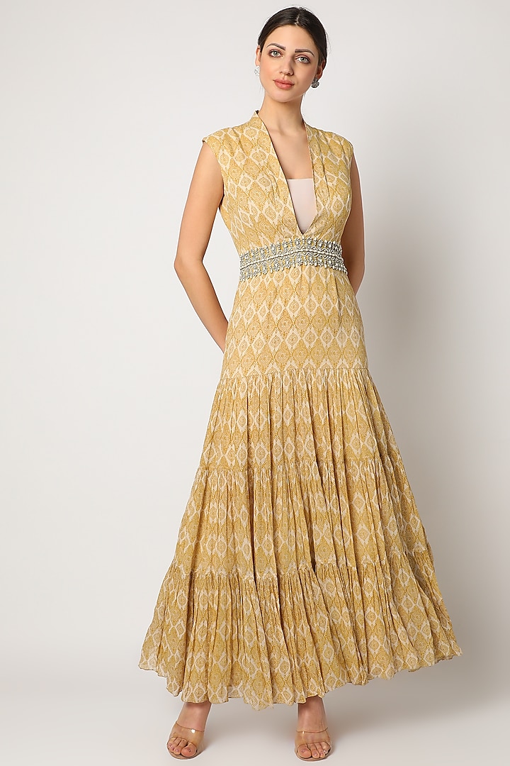 Mustard Printed Ruffled Gown With Belt by Bhumika Sharma