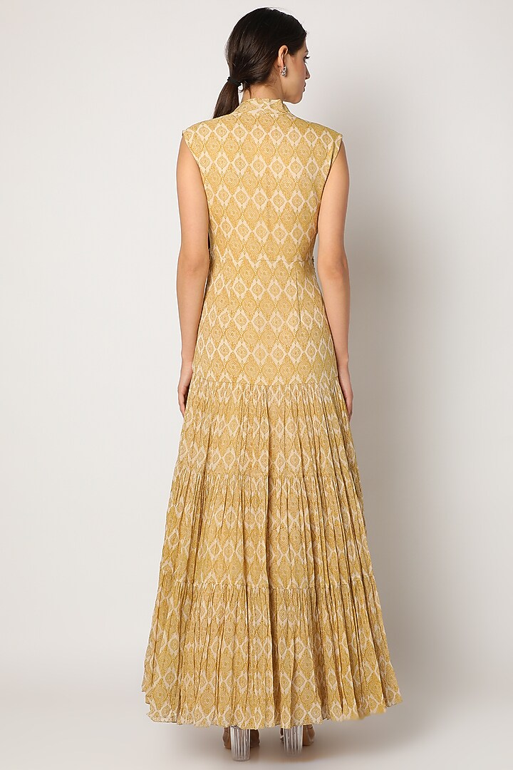 Mustard Printed Ruffled Engagement Gown With Belt by Bhumika Sharma at Pernia's Pop Up Shop