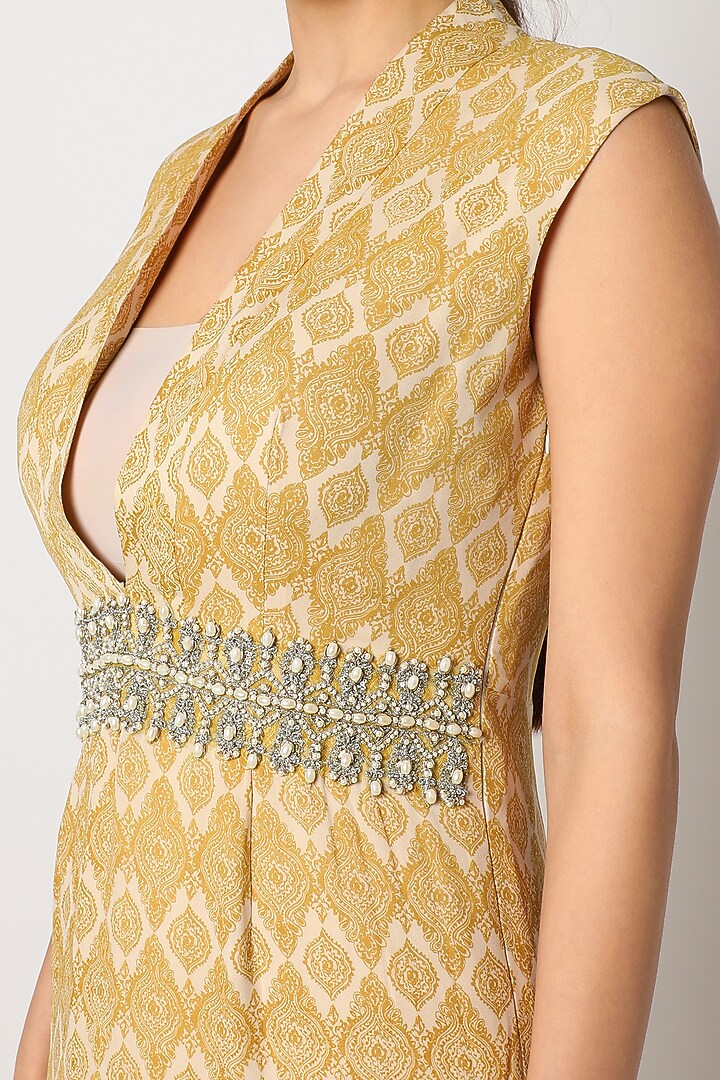 Mustard Printed Ruffled Engagement Gown With Belt by Bhumika Sharma at Pernia's Pop Up Shop