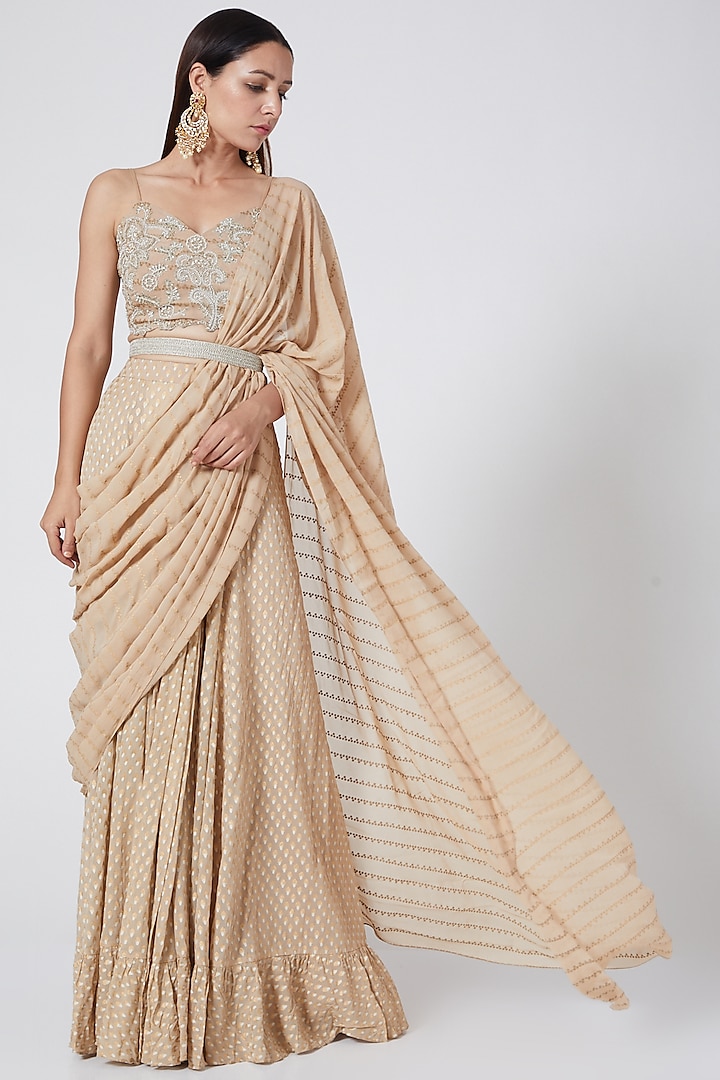 Ivory & Golden Embroidered Pre-Stitched Saree Set by Bhumika Sharma